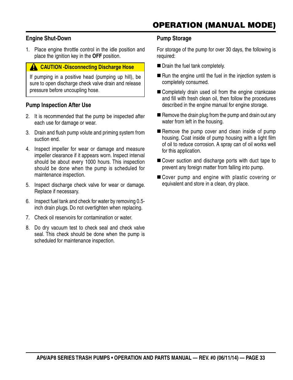 Operation (manual mode) | Multiquip AP6 Series User Manual | Page 33 / 124