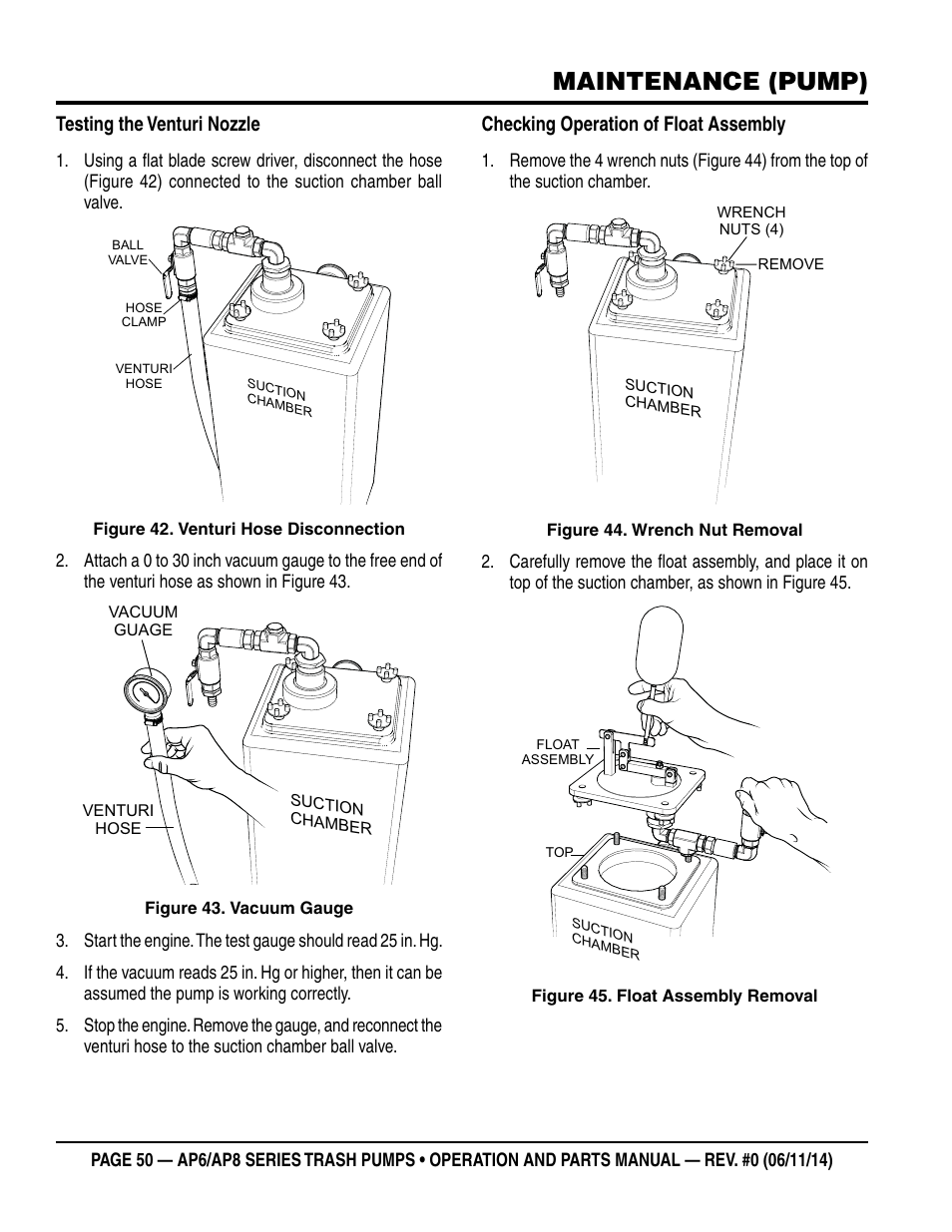 Maintenance (pump), Testing the venturi nozzle, Checking operation of float assembly | Multiquip AP6 Series User Manual | Page 50 / 124