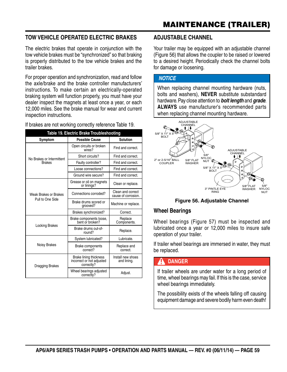 Maintenance (trailer), Tow vehicle operated electric brakes, Adjustable channel | Wheel bearings | Multiquip AP6 Series User Manual | Page 59 / 124