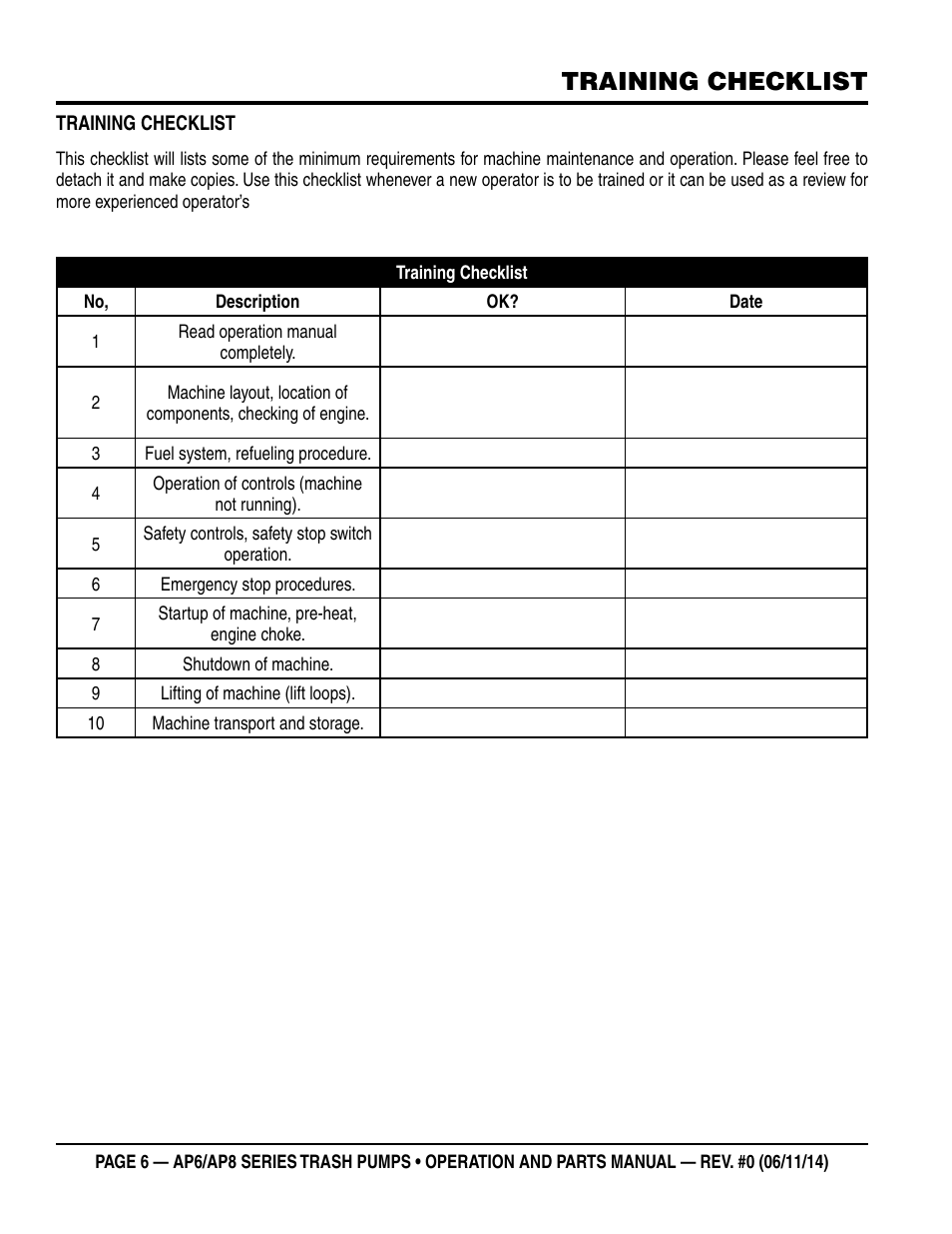 Training checklist | Multiquip AP6 Series User Manual | Page 6 / 124