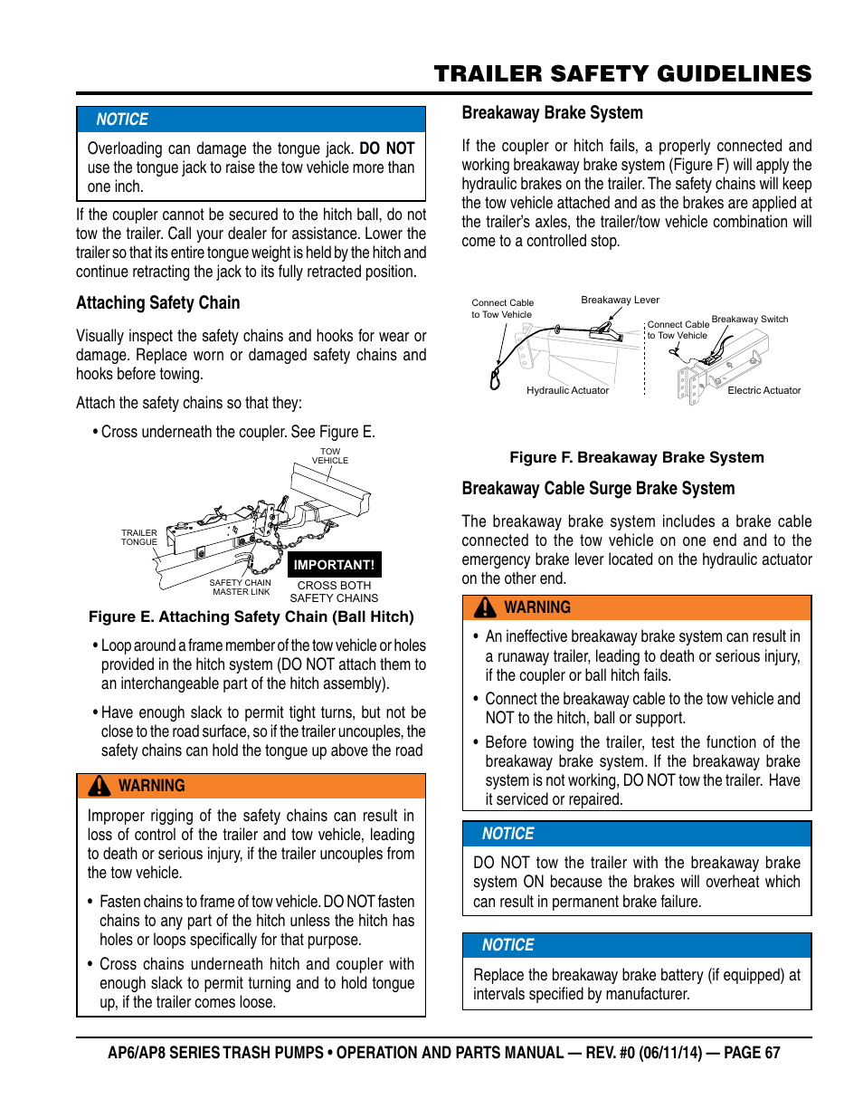 Trailer safety guidelines, Attaching safety chain, Breakaway brake system | Breakaway cable surge brake system | Multiquip AP6 Series User Manual | Page 67 / 124