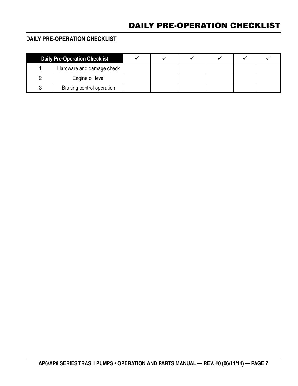 Daily pre-operation checklist | Multiquip AP6 Series User Manual | Page 7 / 124