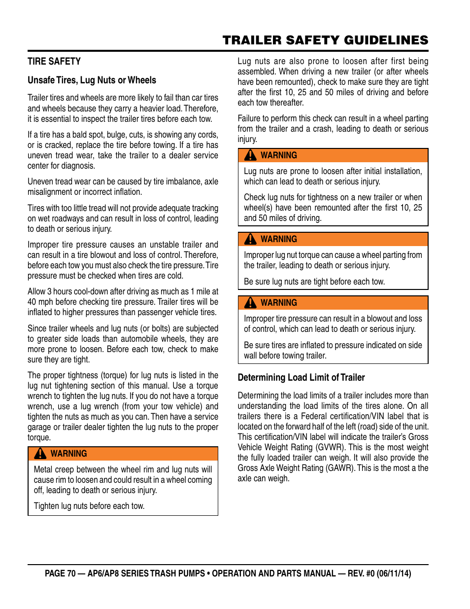 Trailer safety guidelines | Multiquip AP6 Series User Manual | Page 70 / 124