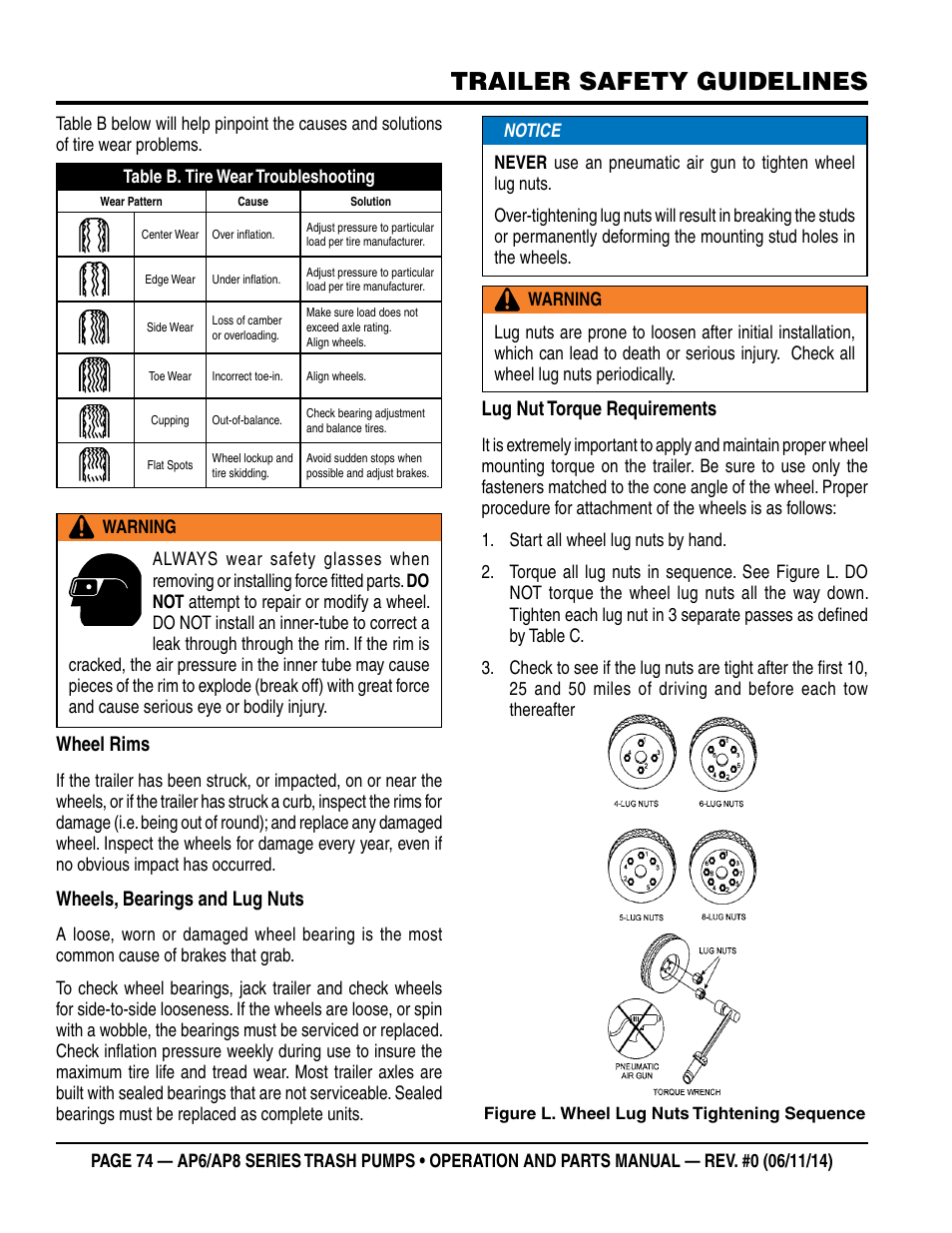 Trailer safety guidelines, Wheel rims, Wheels, bearings and lug nuts | Lug nut torque requirements | Multiquip AP6 Series User Manual | Page 74 / 124