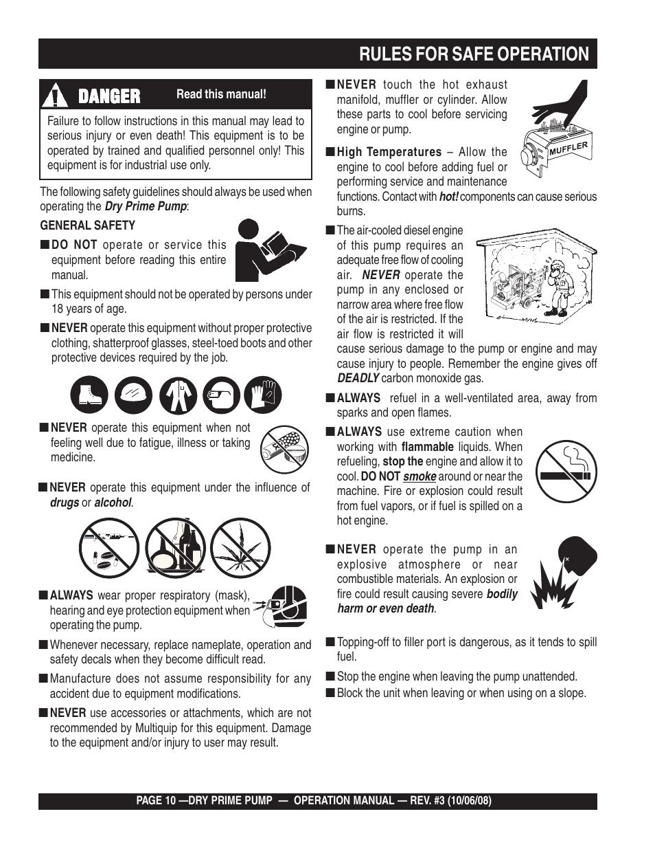 Rules for safe operation, Danger | Multiquip MP200SDLSM Operation Manual User Manual | Page 10 / 58