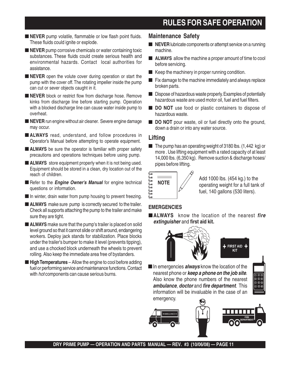 Rules for safe operation, Maintenance safety, Lifting | Multiquip MP200SDLSM Operation Manual User Manual | Page 11 / 58