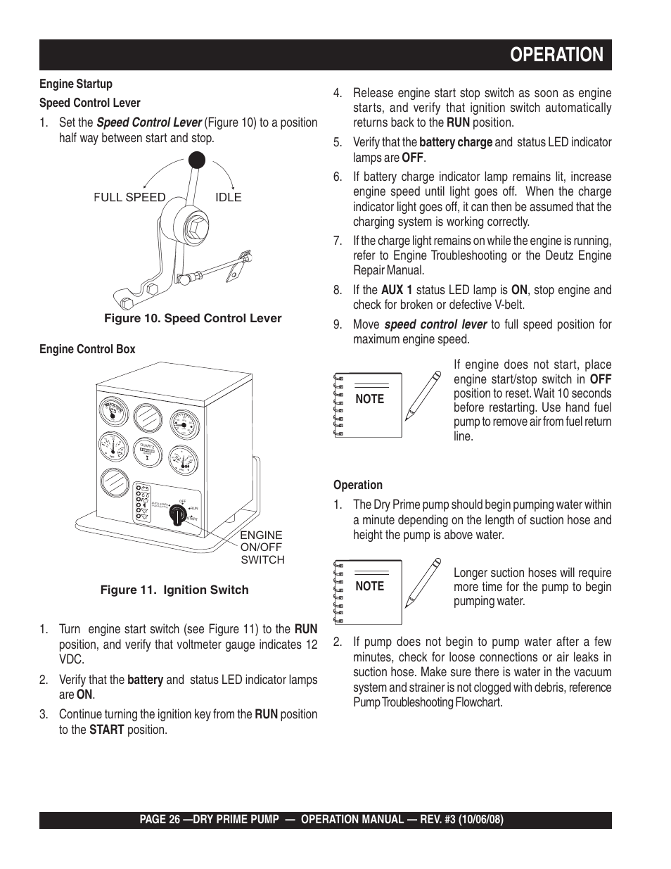 Operation, Figure 10. speed control lever engine control box, Figure 11. ignition switch | Engine startup speed control lever, Engine on/off switch, 2bar 3 4 5 | Multiquip MP200SDLSM Operation Manual User Manual | Page 26 / 58