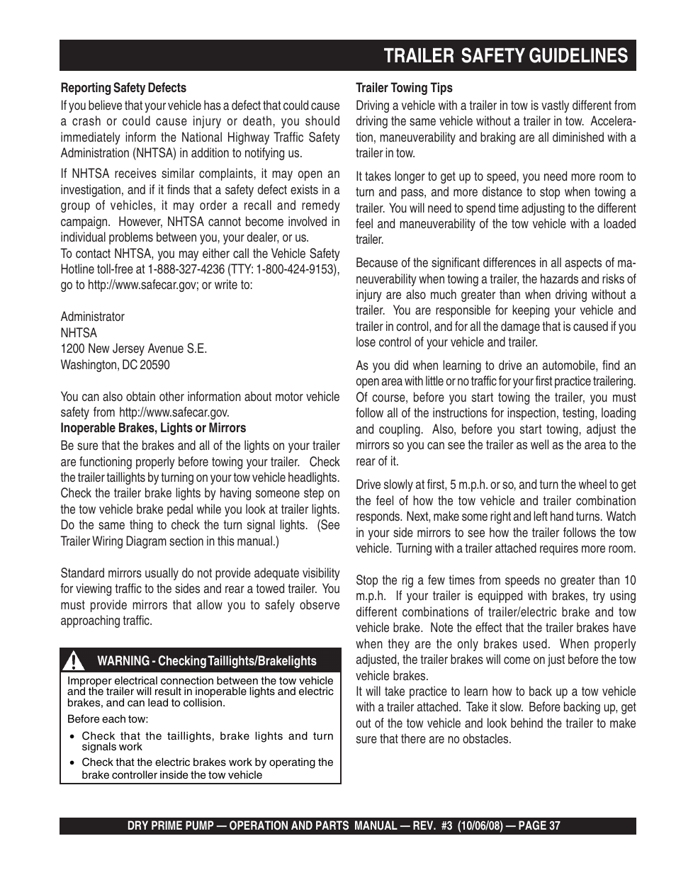 Trailer safety guidelines | Multiquip MP200SDLSM Operation Manual User Manual | Page 37 / 58