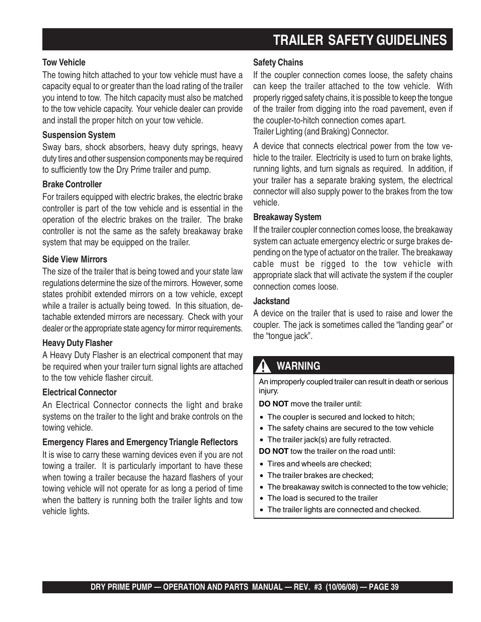 Trailer safety guidelines | Multiquip MP200SDLSM Operation Manual User Manual | Page 39 / 58