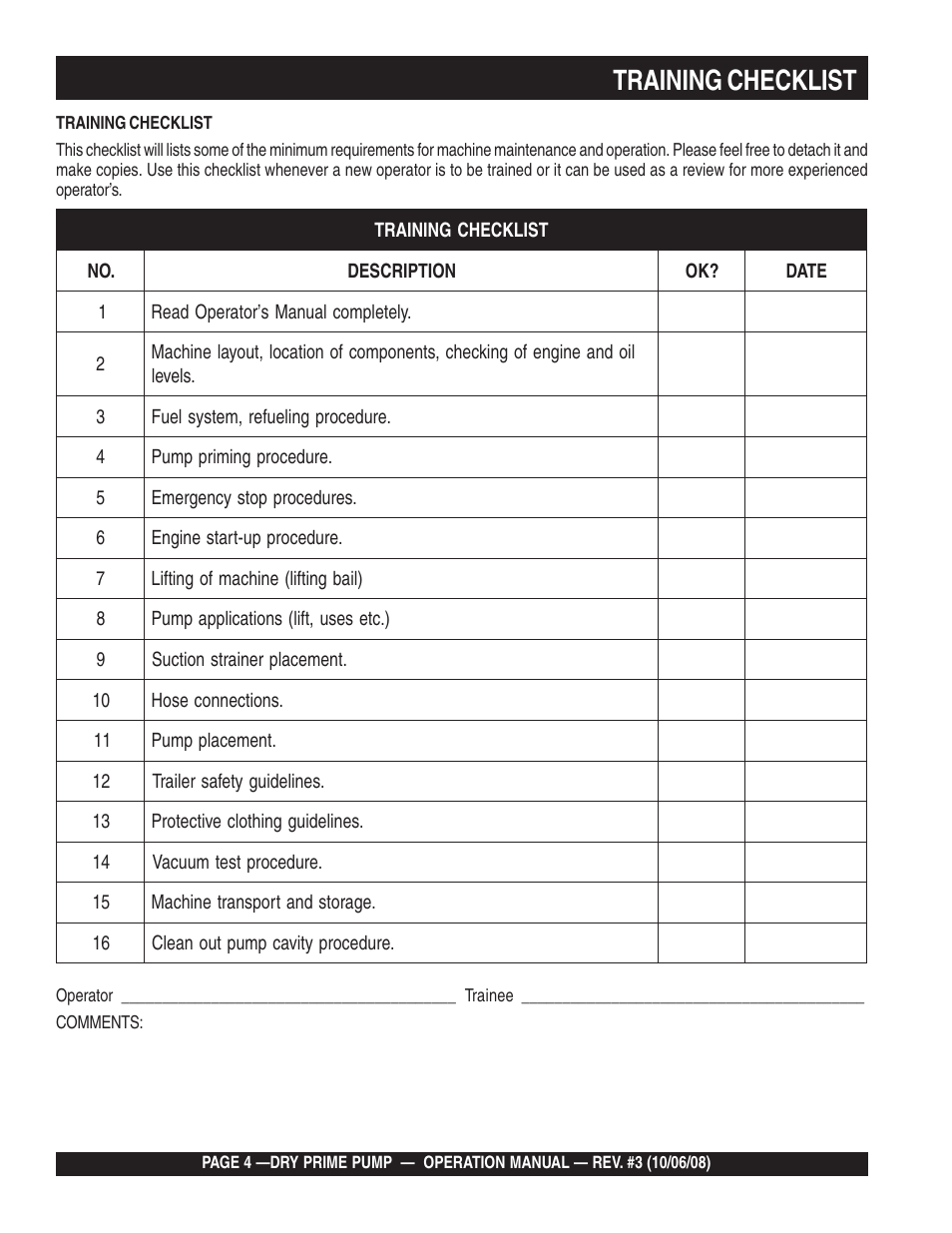 Training checklist | Multiquip MP200SDLSM Operation Manual User Manual | Page 4 / 58