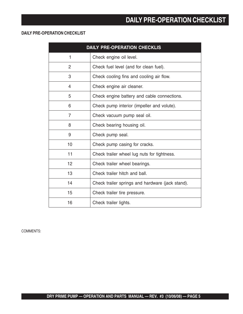 Daily pre-operation checklist | Multiquip MP200SDLSM Operation Manual User Manual | Page 5 / 58