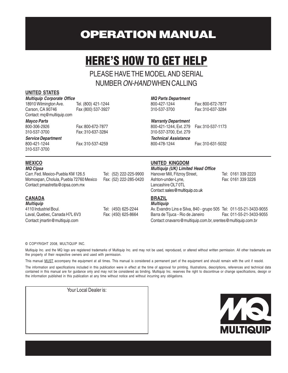 Here’s how to get help, Operation manual, On-hand | Please have the model and serial number, When calling | Multiquip MP200SDLSM Operation Manual User Manual | Page 58 / 58