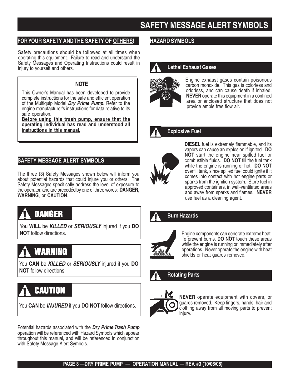 Safety message alert symbols, Danger | Multiquip MP200SDLSM Operation Manual User Manual | Page 8 / 58