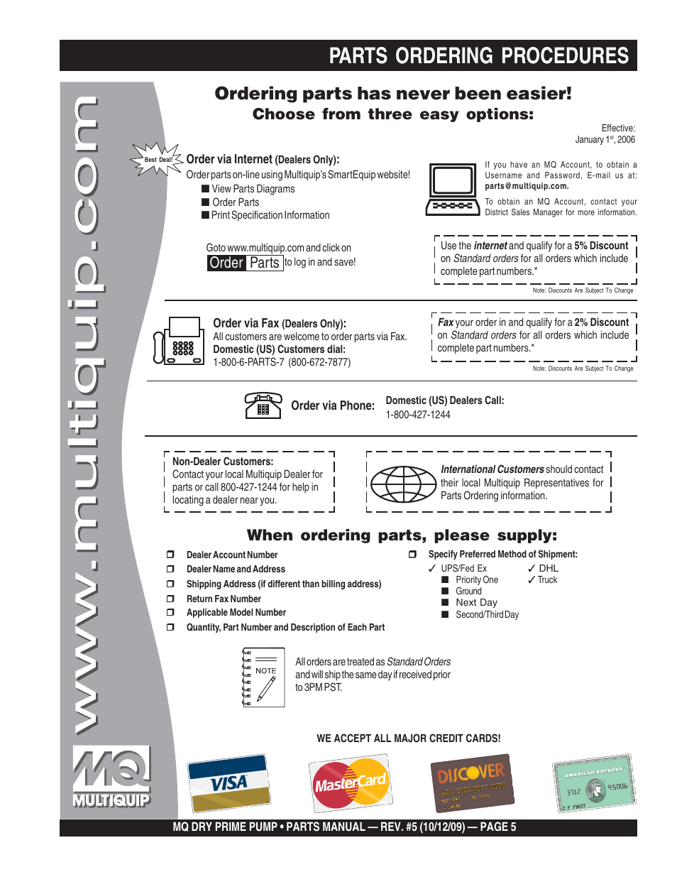 Parts ordering procedures, Ordering parts has never been easier, Choose from three easy options | When ordering parts, please supply, Order parts | Multiquip MP200SDLSM Parts Manual User Manual | Page 5 / 56