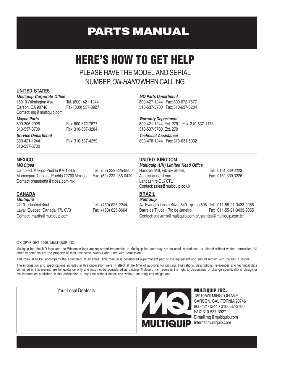 Here’s how to get help, Parts manual, On-hand | Please have the model and serial number, When calling | Multiquip MP200SDLSM Parts Manual User Manual | Page 56 / 56