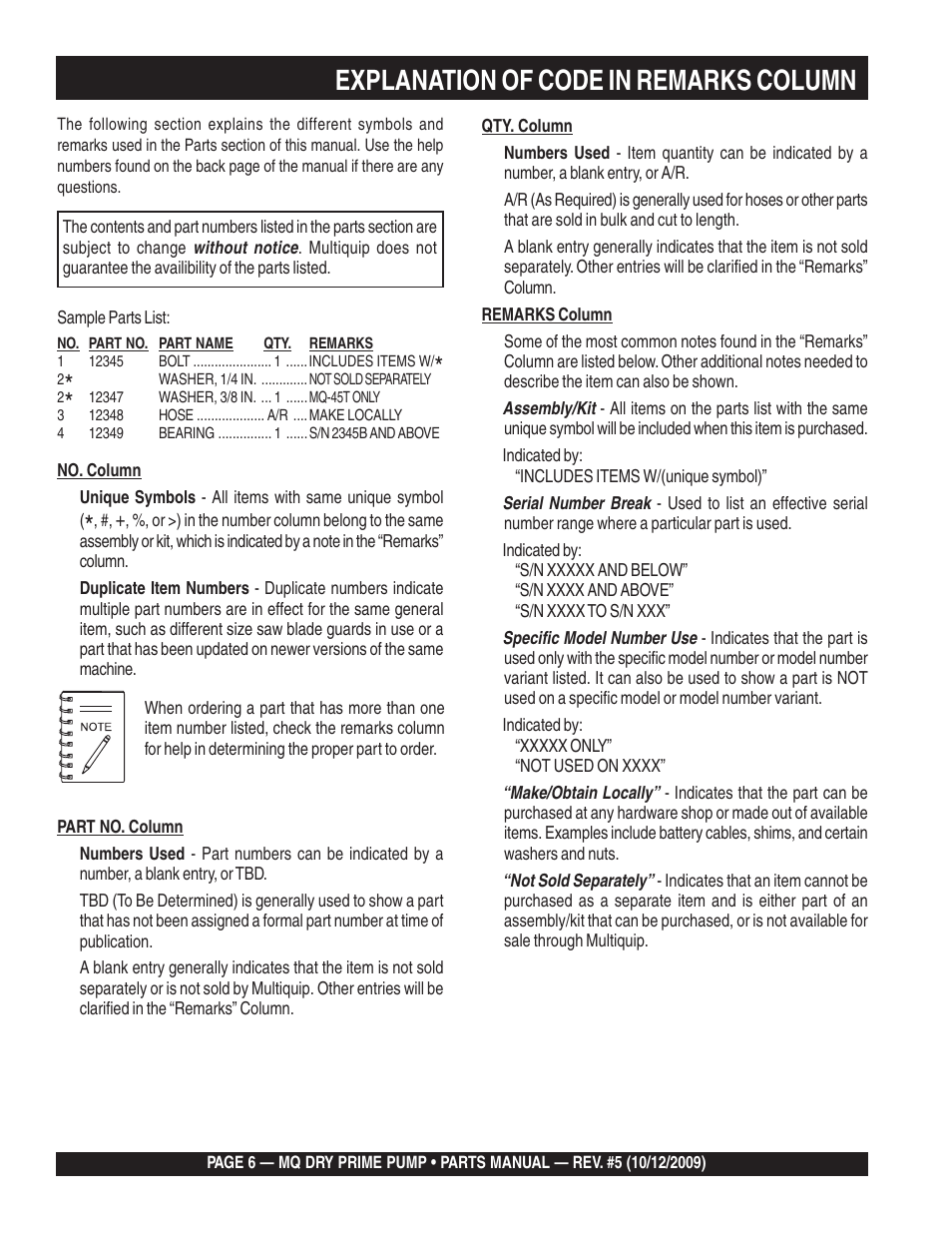 Explanation of code in remarks column | Multiquip MP200SDLSM Parts Manual User Manual | Page 6 / 56