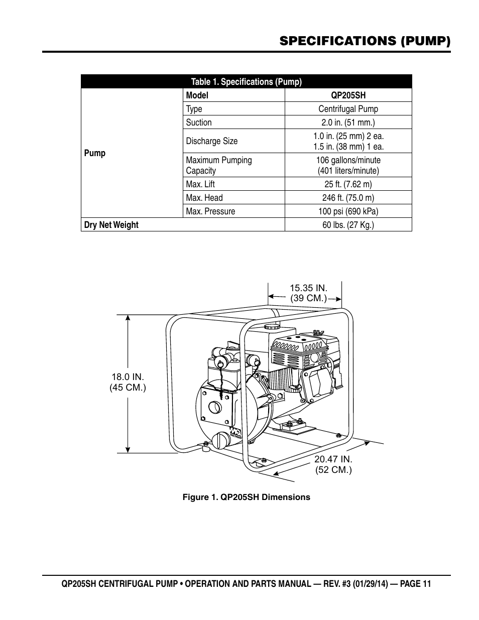 Specifications (pump) | Multiquip QP205SH User Manual | Page 11 / 36