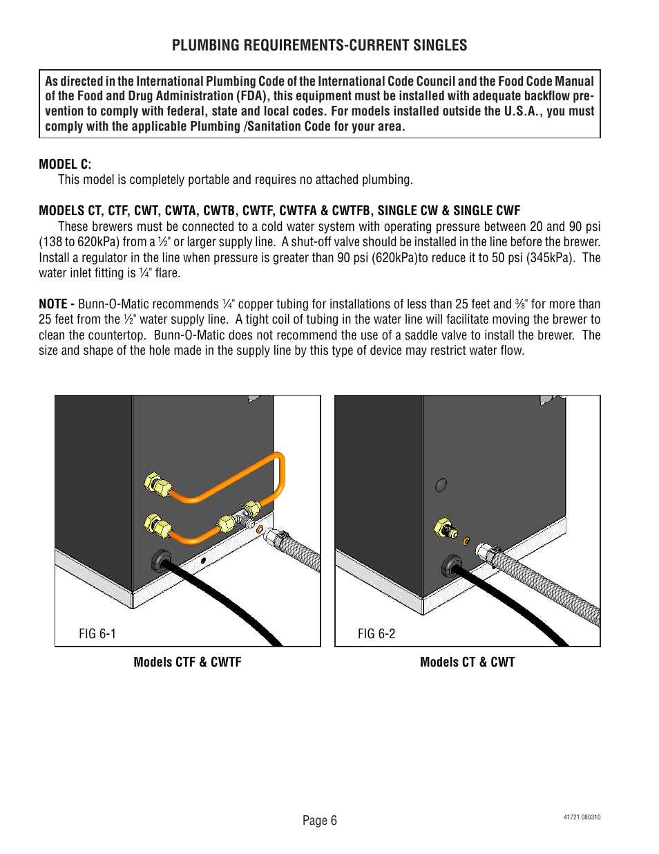 Plumbing requirements-current singles | Bunn CWTF User Manual | Page 6 / 17