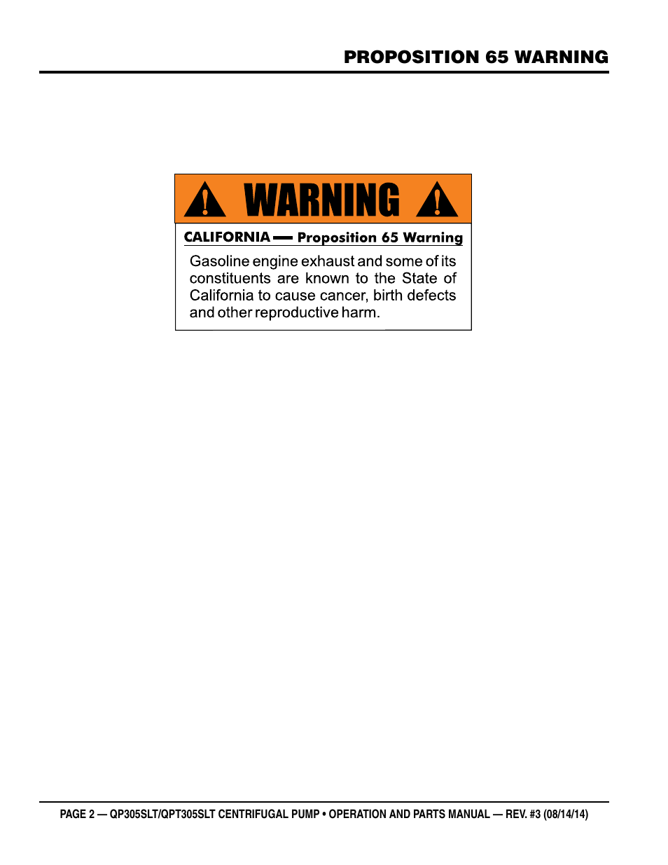 Proposition 65 warning | Multiquip QPT305SLT User Manual | Page 2 / 38