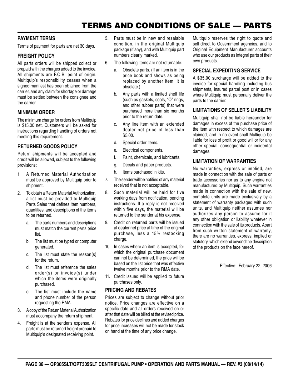 Terms and conditions of sale — parts | Multiquip QPT305SLT User Manual | Page 36 / 38