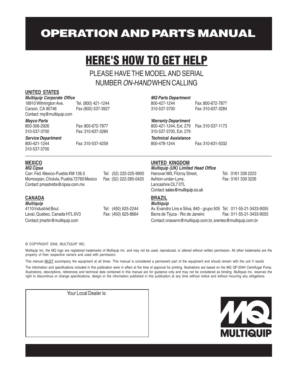 Here's how to get help, Operation and parts manual, On-hand | Please have the model and serial number, When calling | Multiquip QP204H User Manual | Page 68 / 68