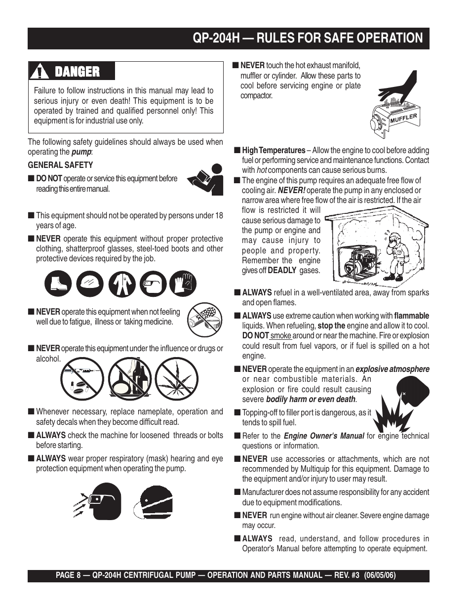 Qp-204h — rules for safe operation, Danger | Multiquip QP204H User Manual | Page 8 / 68
