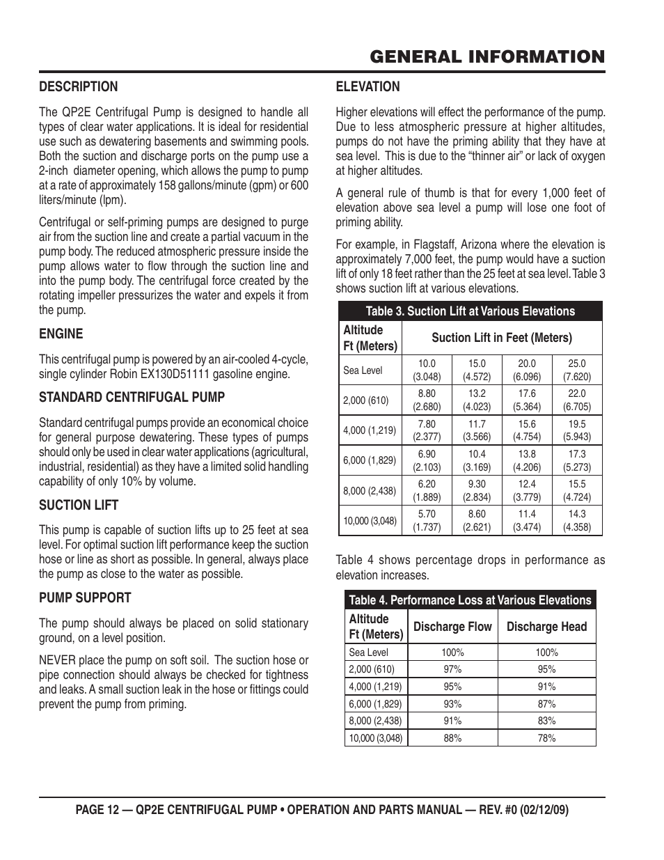 General information, Description, Engine | Standard centrifugal pump, Suction lift, Pump support, Elevation | Multiquip QP2E User Manual | Page 12 / 56