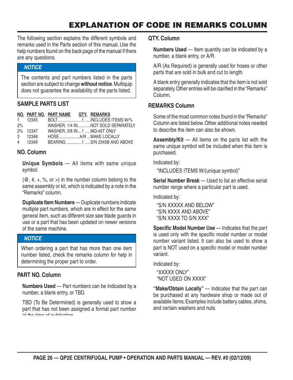 Explanation of code in remarks column | Multiquip QP2E User Manual | Page 26 / 56
