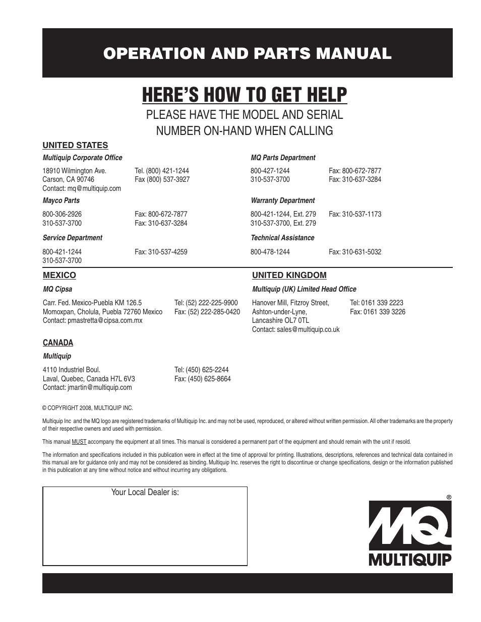 Here’s how to get help, Operation and parts manual | Multiquip QP2E User Manual | Page 56 / 56