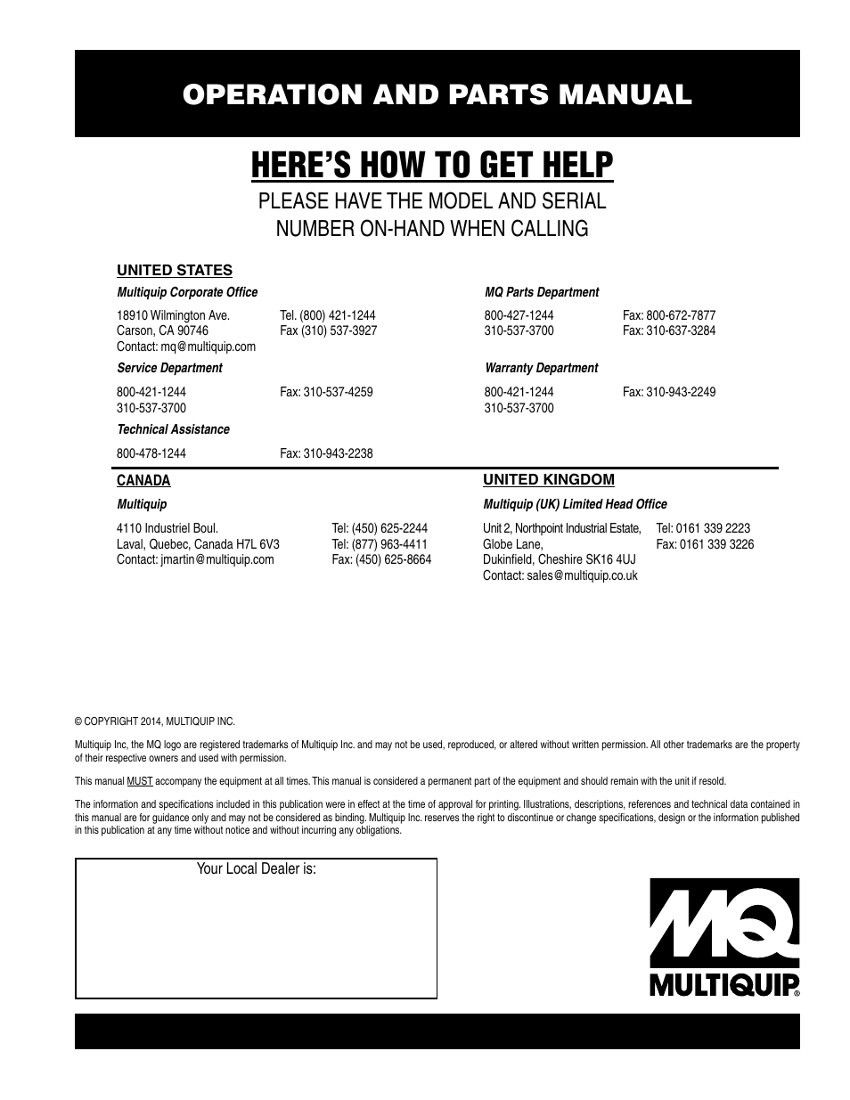 Here’s how to get help, Operation and parts manual | Multiquip QP2H User Manual | Page 36 / 36