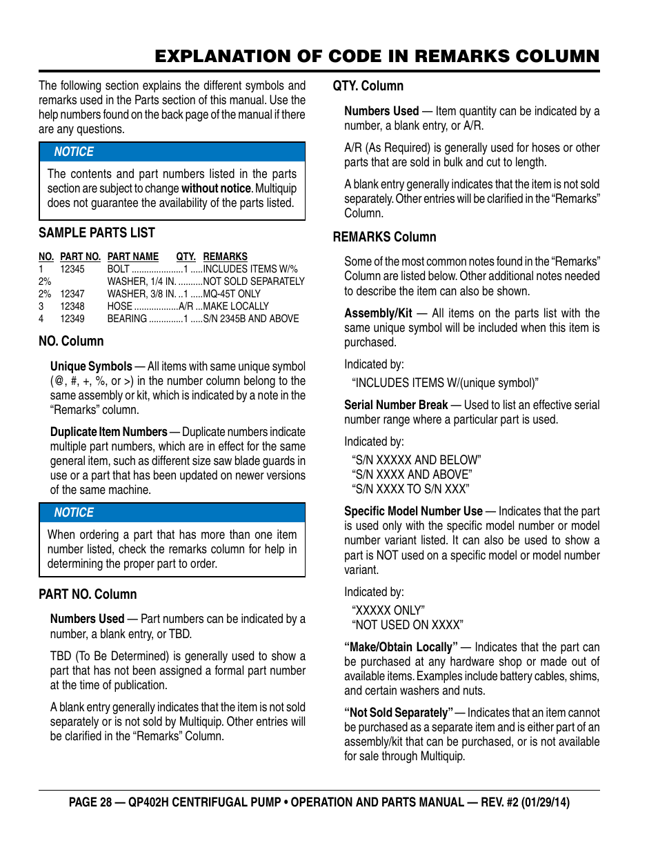 Explanation of code in remarks column | Multiquip QP402H User Manual | Page 28 / 36