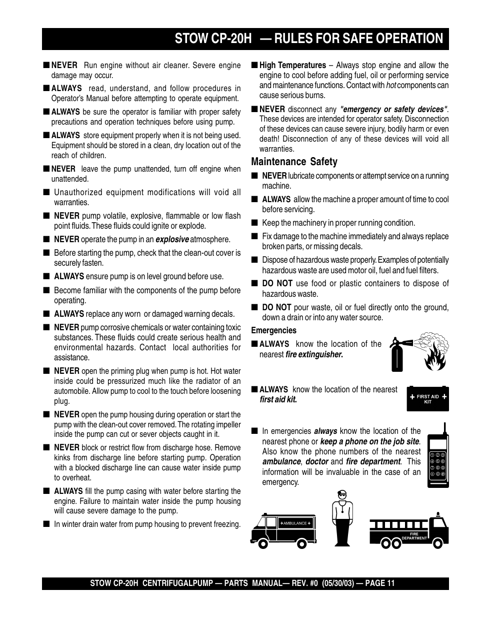 Stow cp-20h — rules for safe operation, Maintenance safety | Multiquip CP20H User Manual | Page 11 / 68