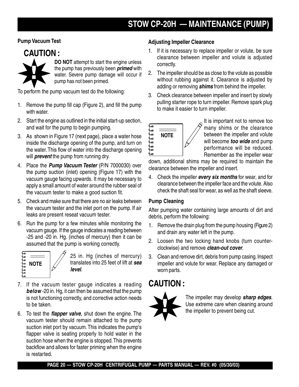 Stow cp-20h — maintenance (pump), Caution | Multiquip CP20H User Manual | Page 20 / 68