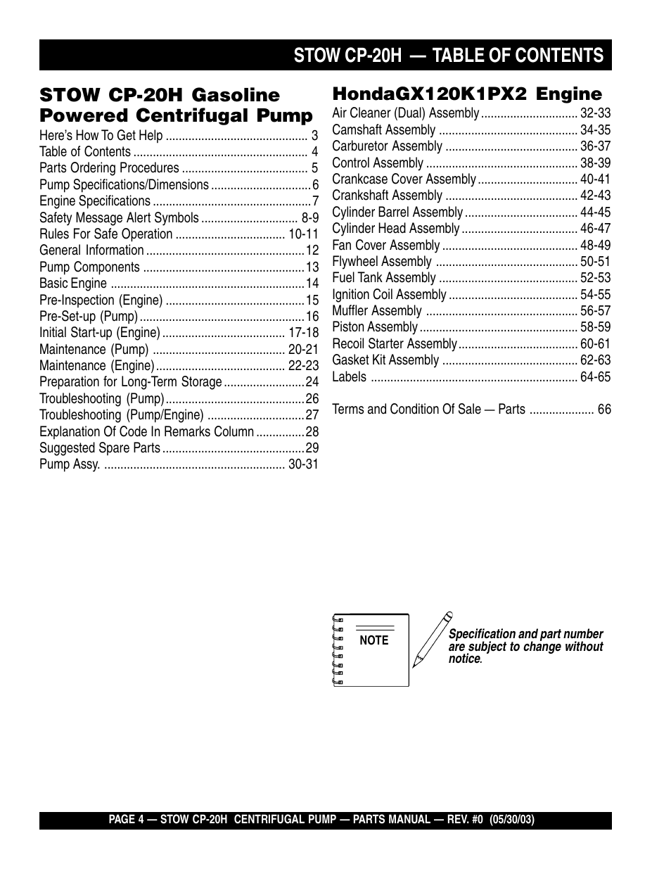 Stow cp-20h — table of contents, Stow cp-20h gasoline powered centrifugal pump | Multiquip CP20H User Manual | Page 4 / 68