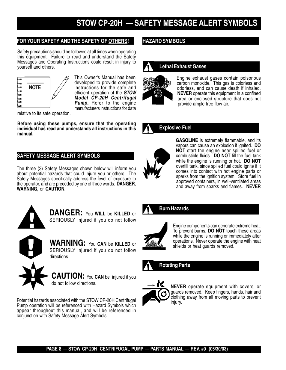 Stow cp-20h — safety message alert symbols, Danger, Warning | Caution | Multiquip CP20H User Manual | Page 8 / 68