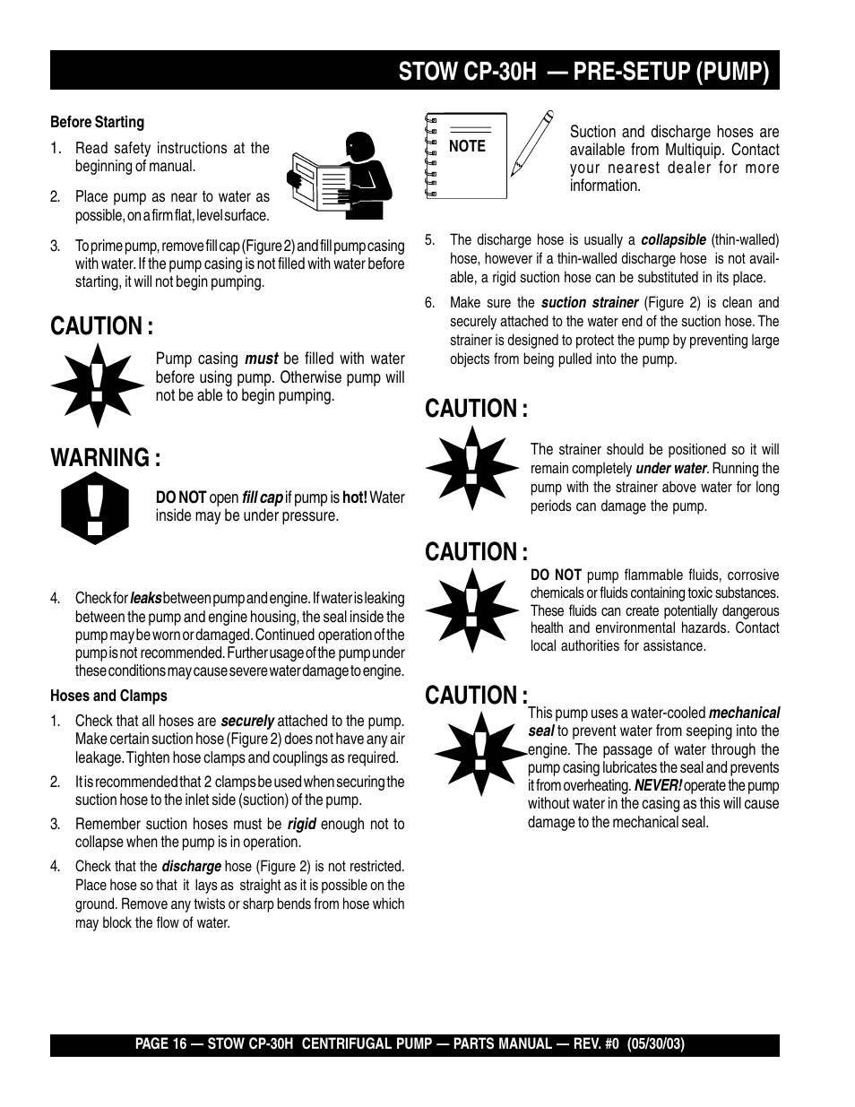 Stow cp-30h — pre-setup (pump), Caution, Warning | Multiquip CP30H User Manual | Page 16 / 68