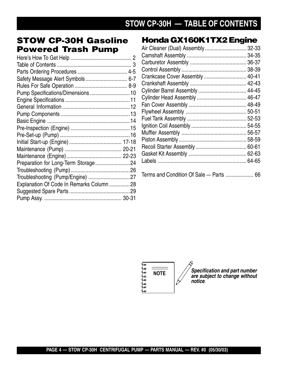 Stow cp-30h — table of contents, Stow cp-30h gasoline powered trash pump | Multiquip CP30H User Manual | Page 4 / 68