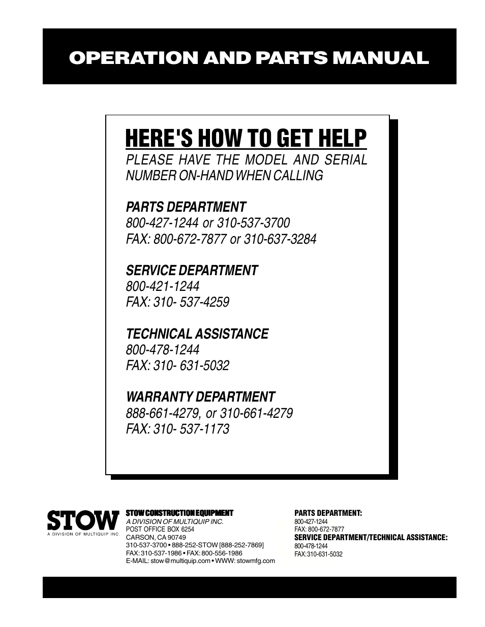 Here's how to get help, Operation and parts manual | Multiquip CP30H User Manual | Page 68 / 68