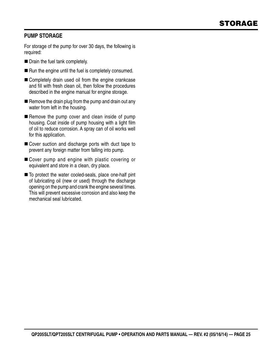 Storage | Multiquip QPT205SLT User Manual | Page 25 / 38