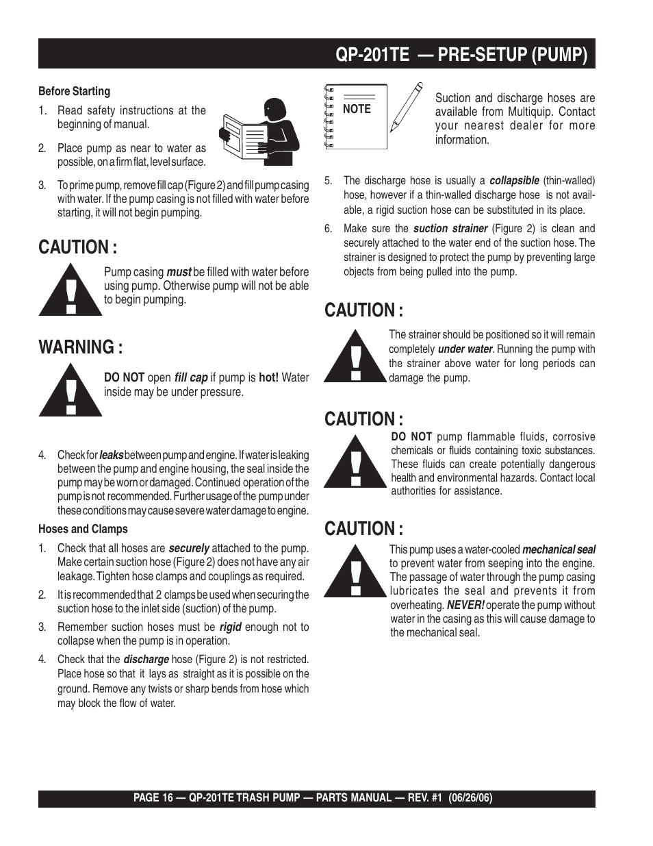 Qp-201te — pre-setup (pump), Caution, Warning | Multiquip QP201TE User Manual | Page 16 / 54