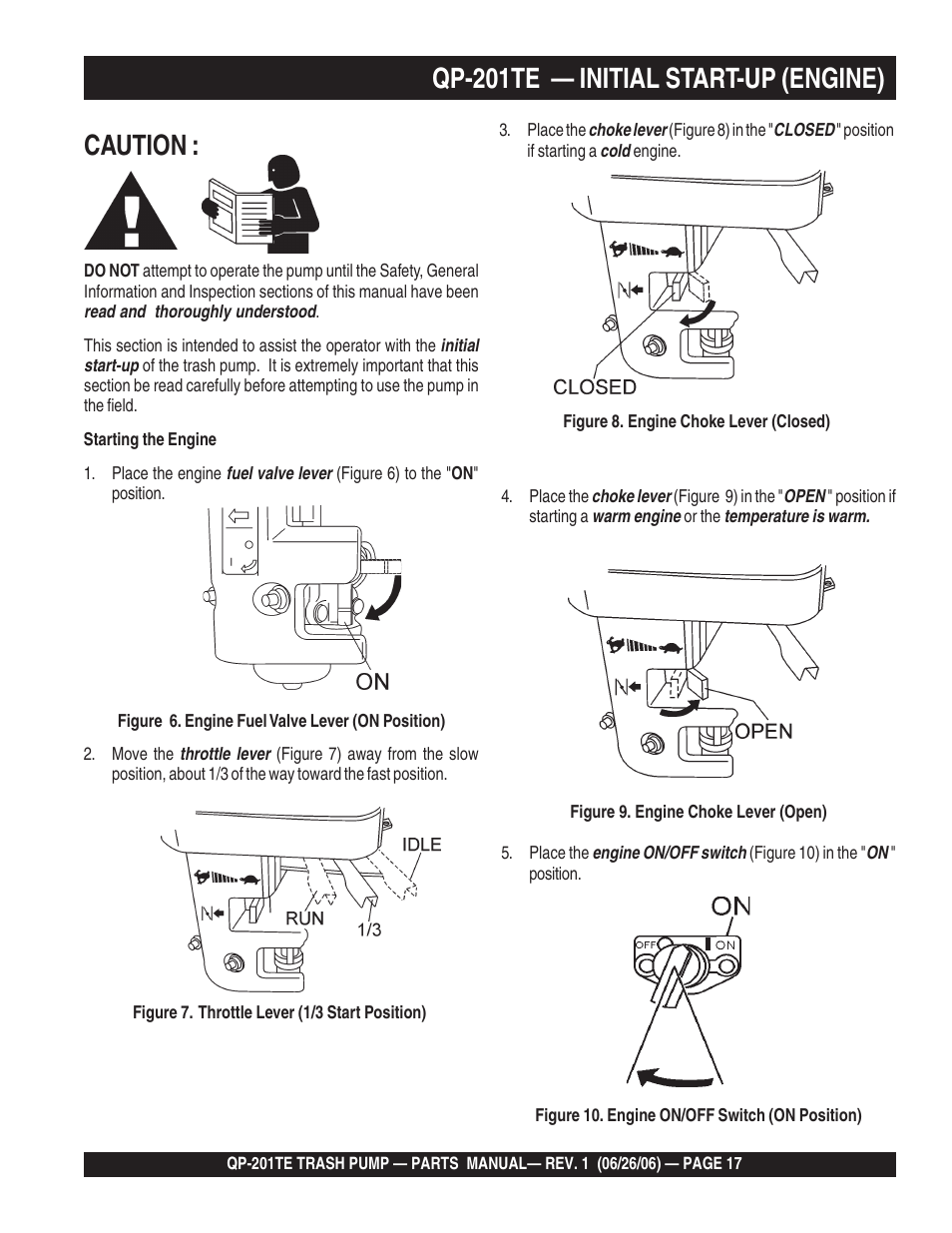 Qp-201te — initial start-up (engine), Caution | Multiquip QP201TE User Manual | Page 17 / 54