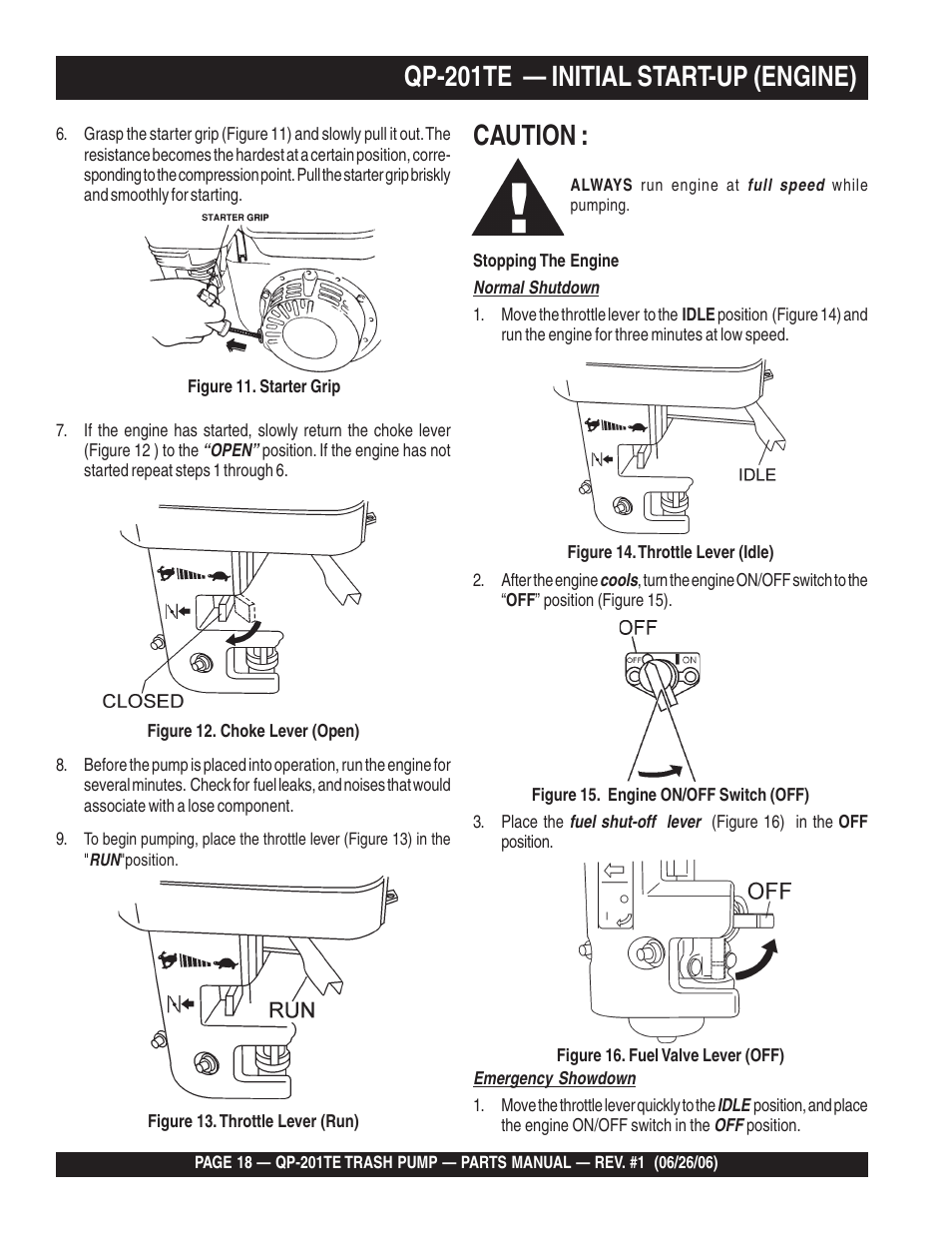 Qp-201te — initial start-up (engine), Caution | Multiquip QP201TE User Manual | Page 18 / 54