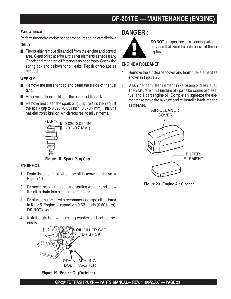 Danger, Qp-201te — maintenance (engine) | Multiquip QP201TE User Manual | Page 23 / 54