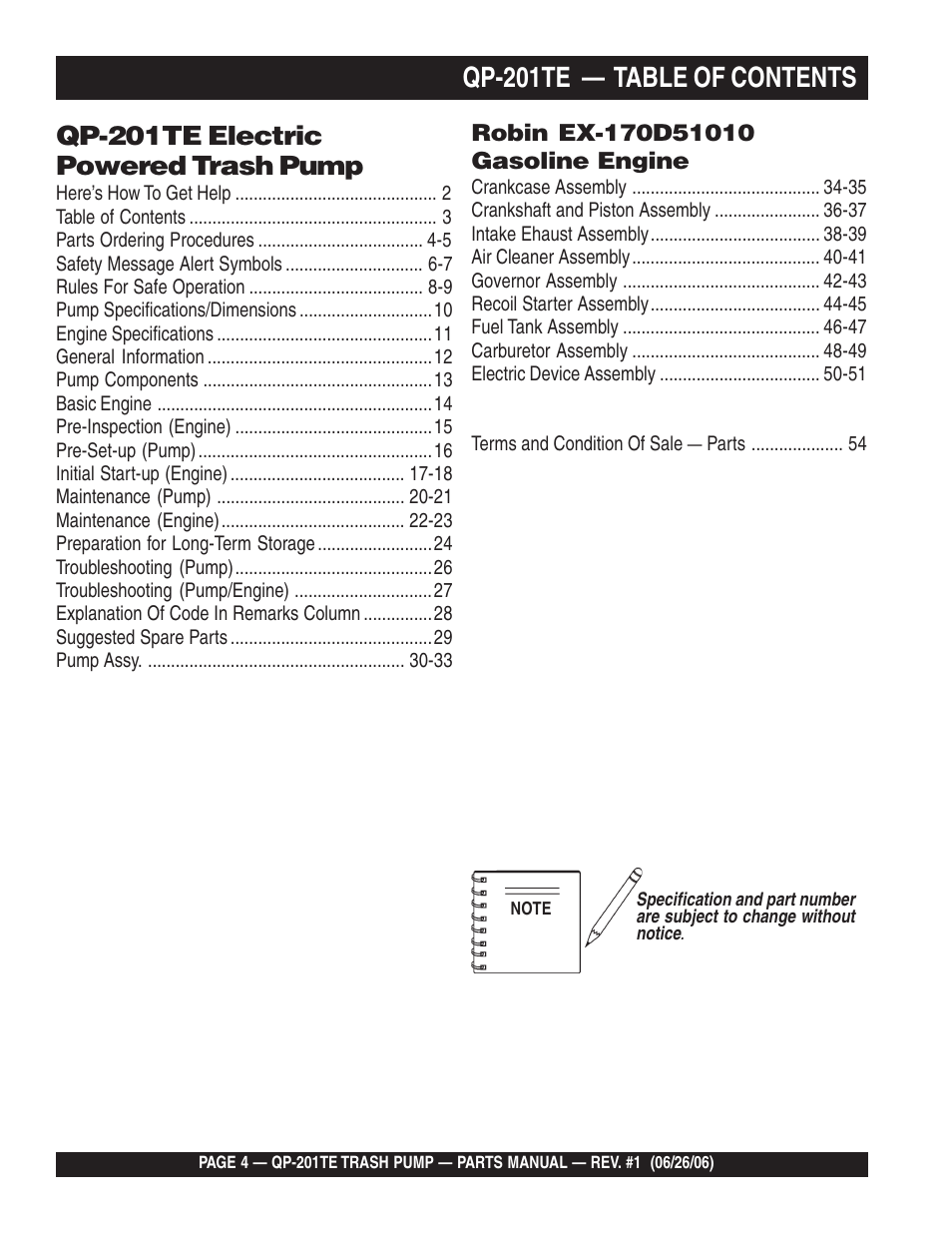 Qp-201te — table of contents, Qp-201te electric powered trash pump | Multiquip QP201TE User Manual | Page 4 / 54