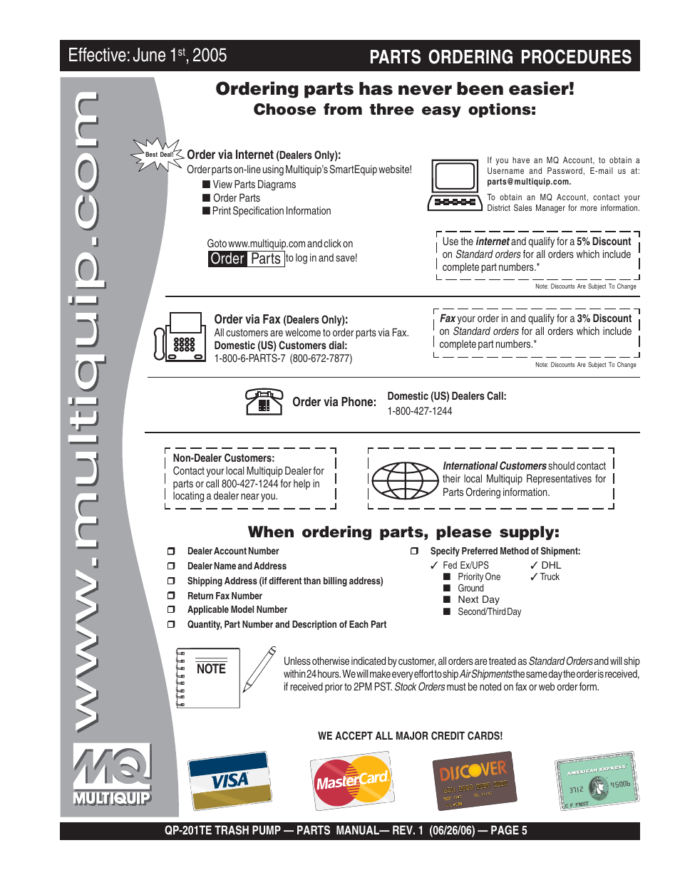 Parts ordering procedures, Effective: june 1, Ordering parts has never been easier | Choose from three easy options, When ordering parts, please supply, Order parts | Multiquip QP201TE User Manual | Page 5 / 54
