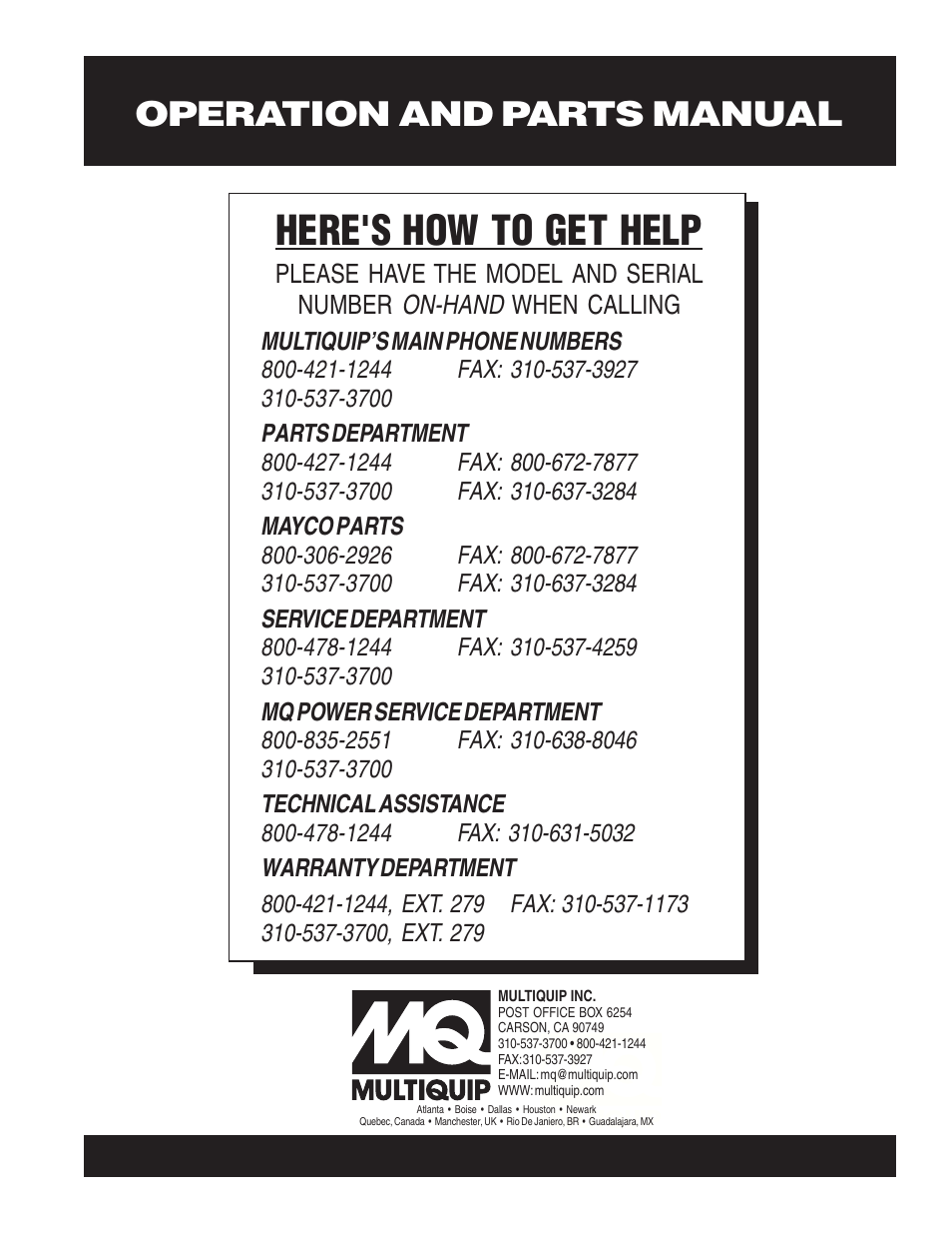Here's how to get help, Operation and parts manual | Multiquip QP201TE User Manual | Page 54 / 54