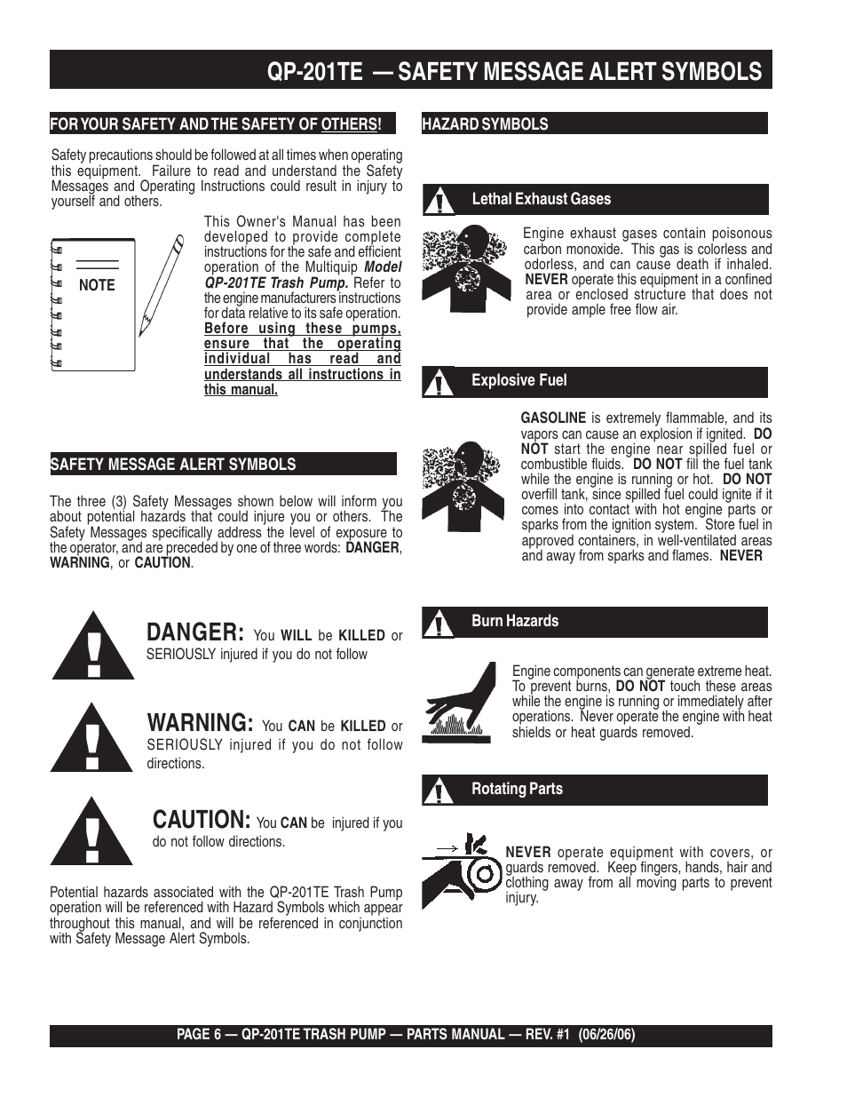 Qp-201te — safety message alert symbols, Danger, Warning | Caution | Multiquip QP201TE User Manual | Page 6 / 54