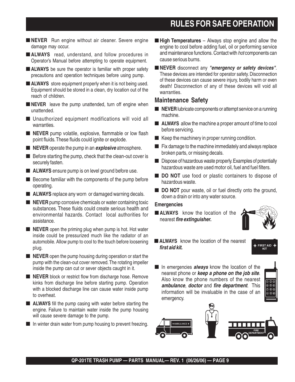 Rules for safe operation, Maintenance safety | Multiquip QP201TE User Manual | Page 9 / 54