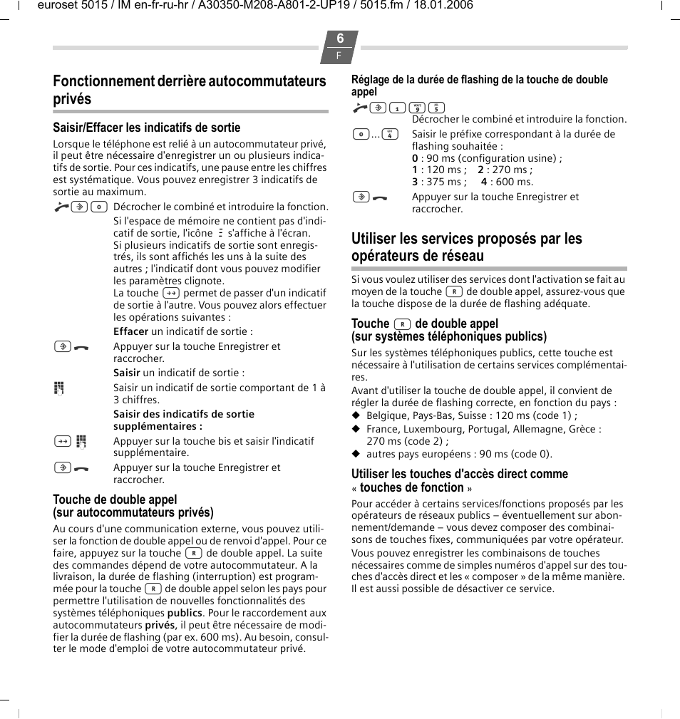 Fonctionnement derrière autocommutateurs privés, Saisir/effacer les indicatifs de sortie | Siemens Euroset 5015 User Manual | Page 14 / 36