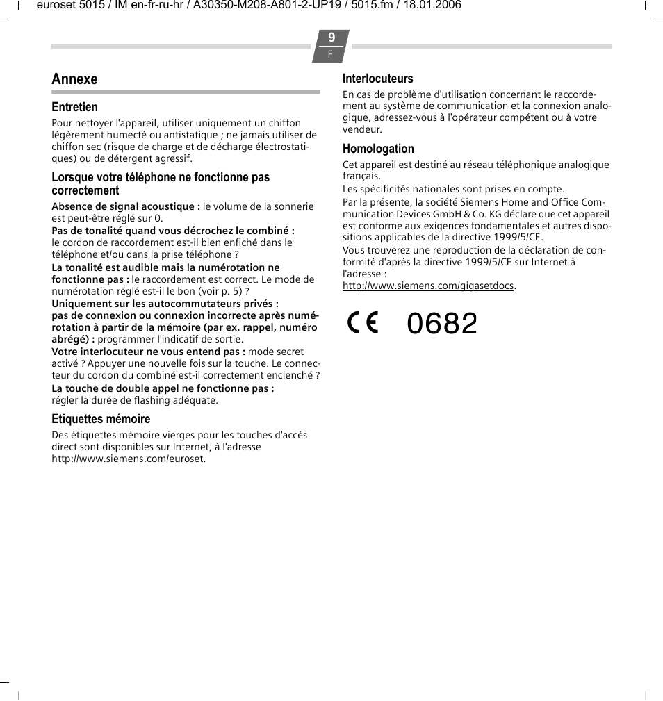 Annexe, Entretien, Etiquettes mémoire | Interlocuteurs, Homologation | Siemens Euroset 5015 User Manual | Page 17 / 36